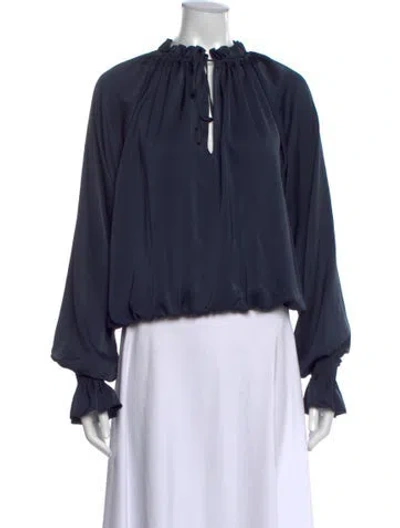Pre-owned Ramy Brook Tie Neck Long Sleeve Blouse In Blue