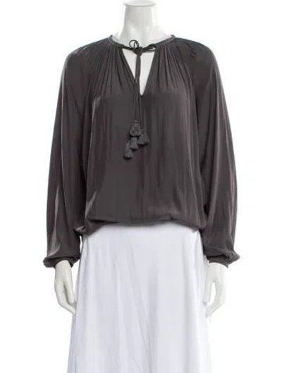 Pre-owned Ramy Brook Tie Neck Long Sleeve Blouse In Gray