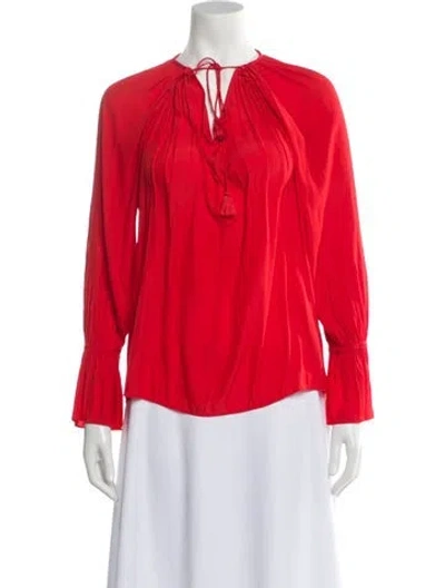 Pre-owned Ramy Brook Tie Neck Long Sleeve Blouse In Red