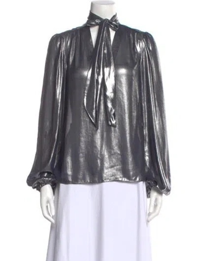 Pre-owned Ramy Brook Tie Neck Long Sleeve Blouse In Silver