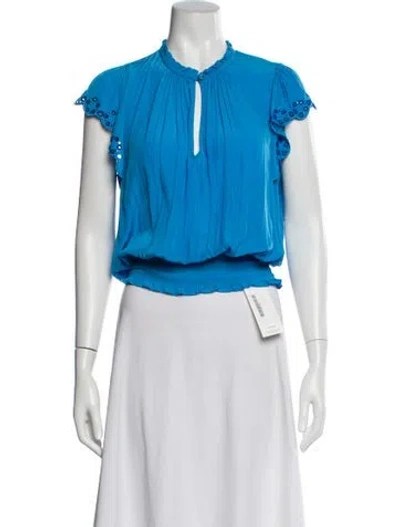 Pre-owned Ramy Brook Tie Neck Short Sleeve Blouse In Blue