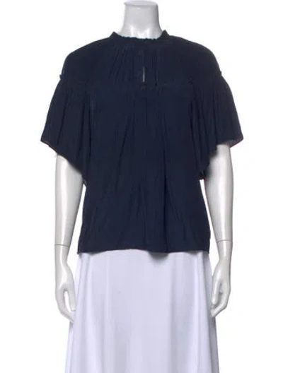 Pre-owned Ramy Brook Tie Neck Short Sleeve Blouse In Blue