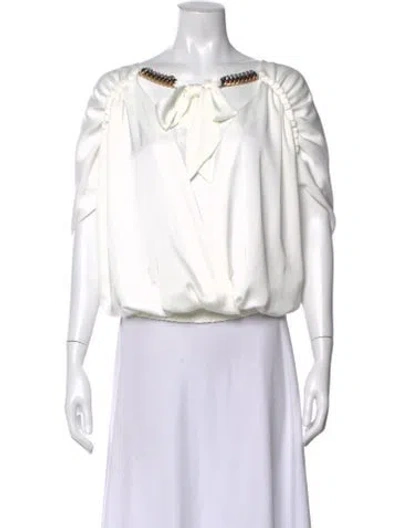 Pre-owned Ramy Brook Tie Neck Short Sleeve Blouse In White