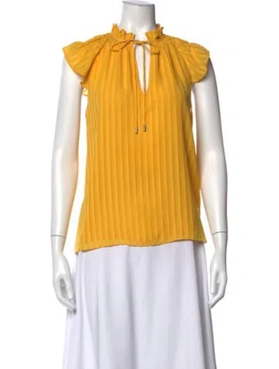 Pre-owned Ramy Brook Tie Neck Short Sleeve Blouse In Yellow