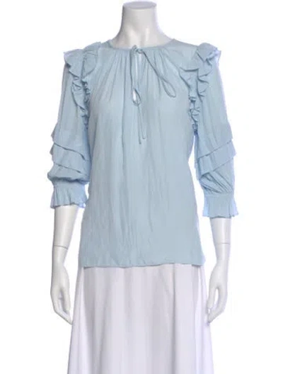 Pre-owned Ramy Brook Tie Neck Three-quarter Sleeve Blouse In Blue