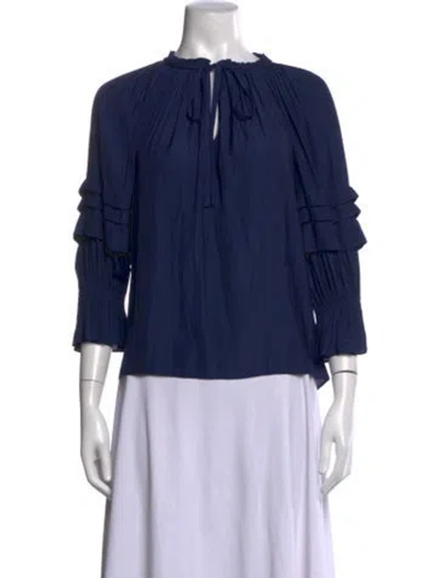 Pre-owned Ramy Brook Tie Neck Three-quarter Sleeve Blouse In Blue