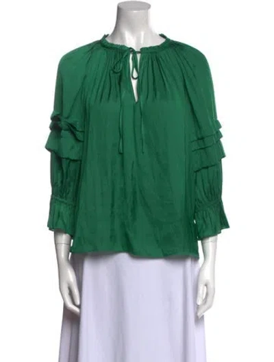 Pre-owned Ramy Brook Tie Neck Three-quarter Sleeve Blouse In Green