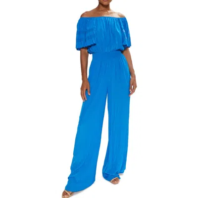 Ramy Brook Tinsley Off The Shoulder Short Sleeve Jumpsuit In Blue