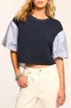 Ramy Brook Toula Puff-sleeve Combo Top In Navy Patchwork