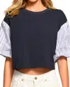Ramy Brook Toula Puff-sleeve Combo Top In Navy Patchwork