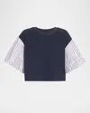 Ramy Brook Toula Puff-sleeve Combo Top In Navy Patchwork
