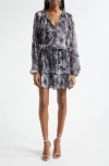 Ramy Brook Twilight Aaliyah Metallic Long Sleeve Chiffon Minidress In Dove Grey Floral