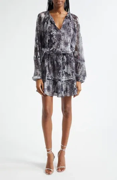 Ramy Brook Twilight Aaliyah Metallic Long Sleeve Chiffon Minidress In Dove Grey Floral