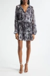Ramy Brook Twilight Aaliyah Metallic Long Sleeve Chiffon Minidress In Dove Grey Floral