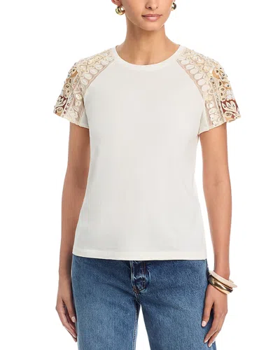 Ramy Brook Tyler Sequin Embroidery Detail Cotton T-shirt In White