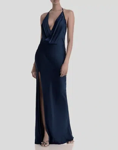 Pre-owned Ramy Brook Valentina Plunging Halter Gown 14a 2018 In Navy