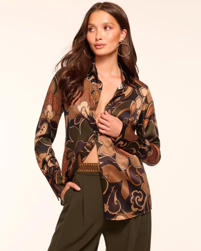 Ramy Brook Retro Floral Stretch Silk Bitton-up Shirt In Brown