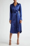 Ramy Brook Victoria Tie Waist Long Sleeve Silk Blend Shirtdress In Navy