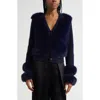 Ramy Brook Vivietta Faux Fur Trim Wool Blend Cardigan In Blue