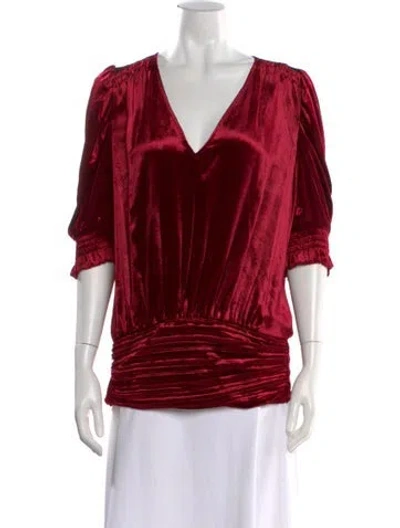 Pre-owned Ramy Brook V-neck Short Sleeve Blouse In Red