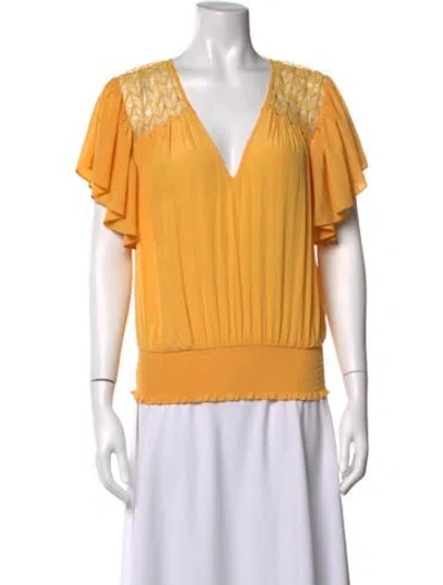 Pre-owned Ramy Brook V-neck Short Sleeve Blouse In Yellow