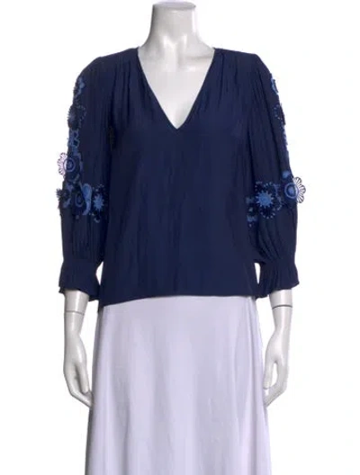 Pre-owned Ramy Brook V-neck Three-quarter Sleeve Blouse In Blue