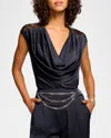 Ramy Brook Winston Satin Lace Cowl-neck Blouse In Navy