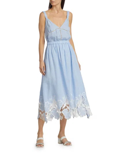 Ramy Brook Women's Aubriella Linen Lace-trimmed Midi-dress In Blue