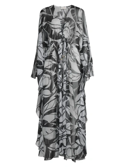 Ramy Brook Women's Austin Palm-print Caftan Cover-up Dress In Black White Exotic Palm