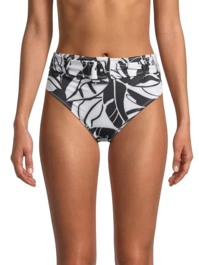 Ramy Brook Women's Charley Palm Belted Bikini Bottom In Black White