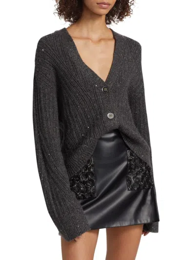 Ramy Brook Women's Cornelius Metallic Rib-knit V-neck Cardigan In Gray