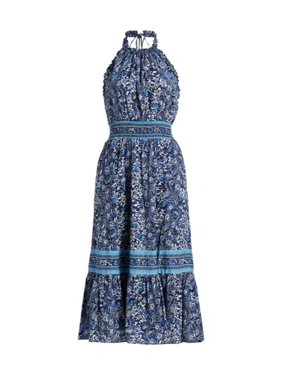 Ramy Brook Delia Mixed Print Halter Neck Cotton Dress In Blue