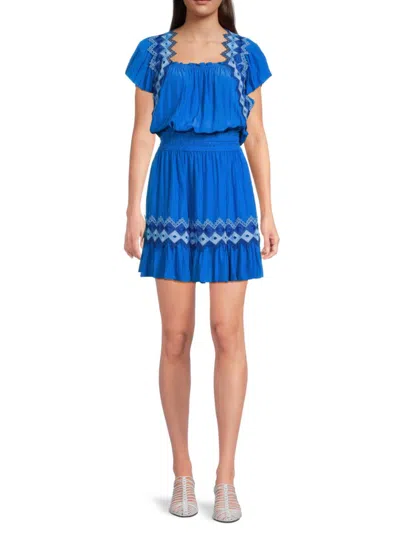 Ramy Brook Women's Embroidered Smocked-waist Minidress In Blue