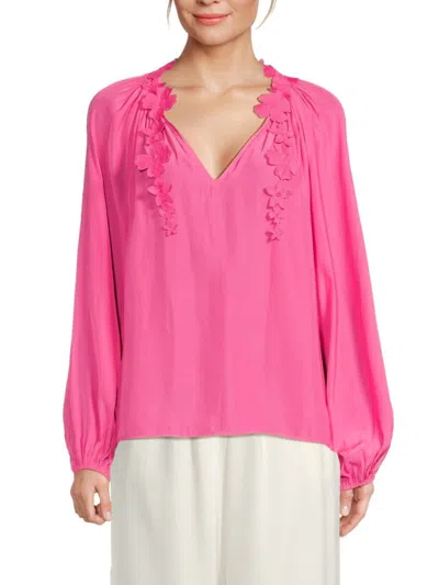 Ramy Brook Women's Floral Split Neck Top In Bright Raspberry