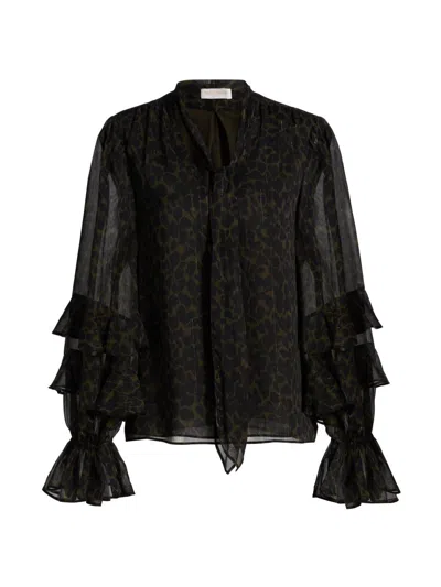 Ramy Brook Women's Foliage Bonnie Leopard Print Ruffle Blouse In Black
