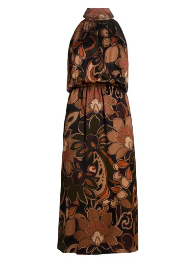 Ramy Brook Women's Grace Floral Stretch-silk Halterneck Midi-dress In Brown