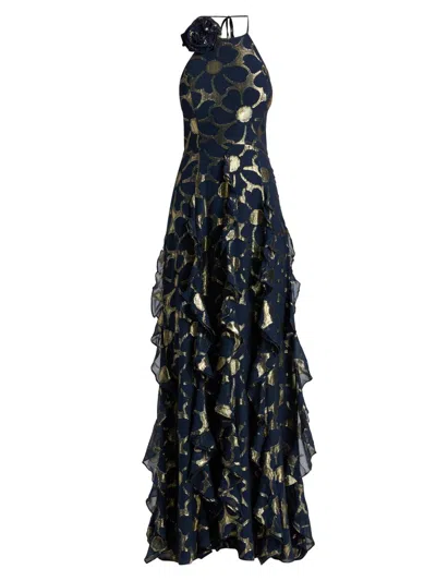 Ramy Brook Idella Ruffle-trim Metallic Floral Halter Gown In Black