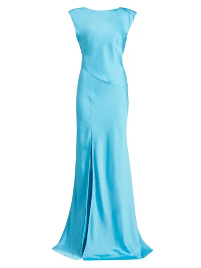 Ramy Brook Joanna Cap-sleeve Open-back Satin Gown In Isola Blue