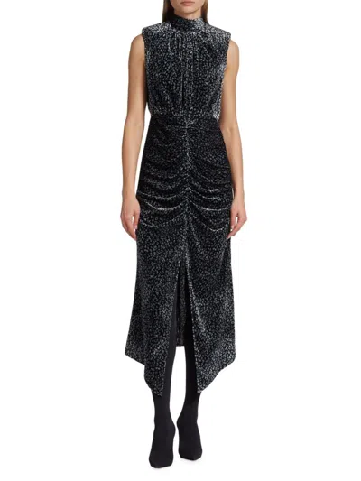 Ramy Brook Women's Lennon Leopard Print Ruched Velvet Midi Dress In Black