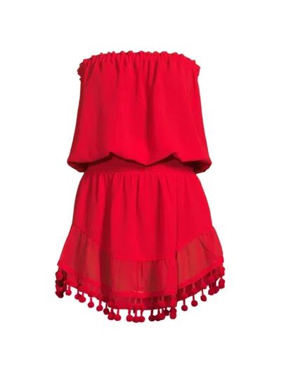 Ramy Brook Marcie Strapless Coverup Dress With Pompoms In Red