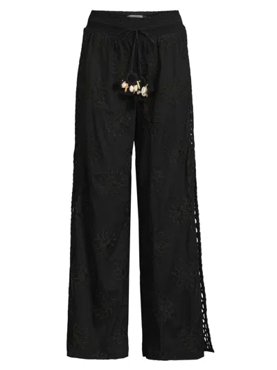Ramy Brook Women's Milan Floral Cotton Drawstring Wide-leg Pants In Black