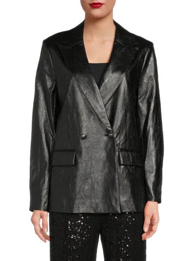 Ramy Brook Women's Peak Lapel Faux Leather Double Breasted Blazer In Black Faux