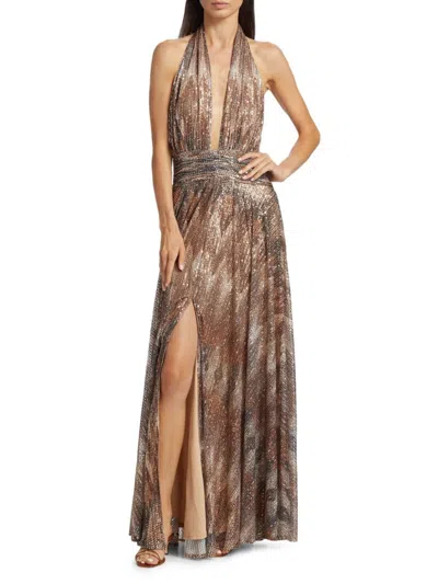 Ramy Brook Women's Reyna Abstract Sequined Halterneck Gown In Brown