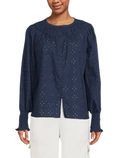 Ramy Brook Women's Rossi Schiffli Cotton Button Front Top In Spring Navy