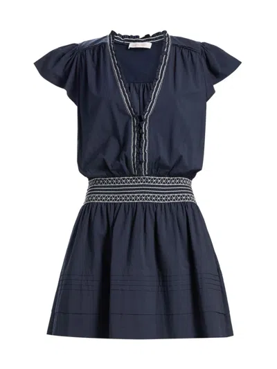 Ramy Brook Tahlia Cotton Poplin Smocked Mini Dress In Blue