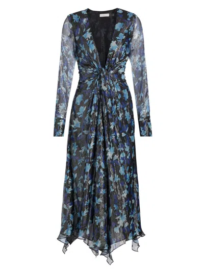 Ramy Brook Women's Tatia Floral Metallic Silk Twist Midi-dress In Blue