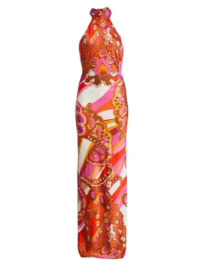 Ramy Brook Tatiana Mixed Print Stretch Silk Halter Neck Gown In Orange