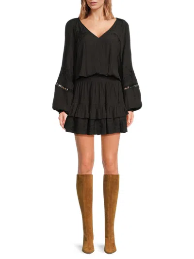 Ramy Brook Women's Tiered Long-sleeve V-neck Minidress In Black