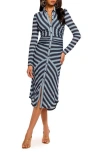 Ramy Brook Wyatt Stripe Long Sleeve Midi Dress In Ribbon Blue Striped Knit