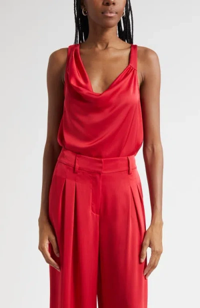 Ramy Brook Zoe Cowl Neck Sleeveless Satin Top In Red